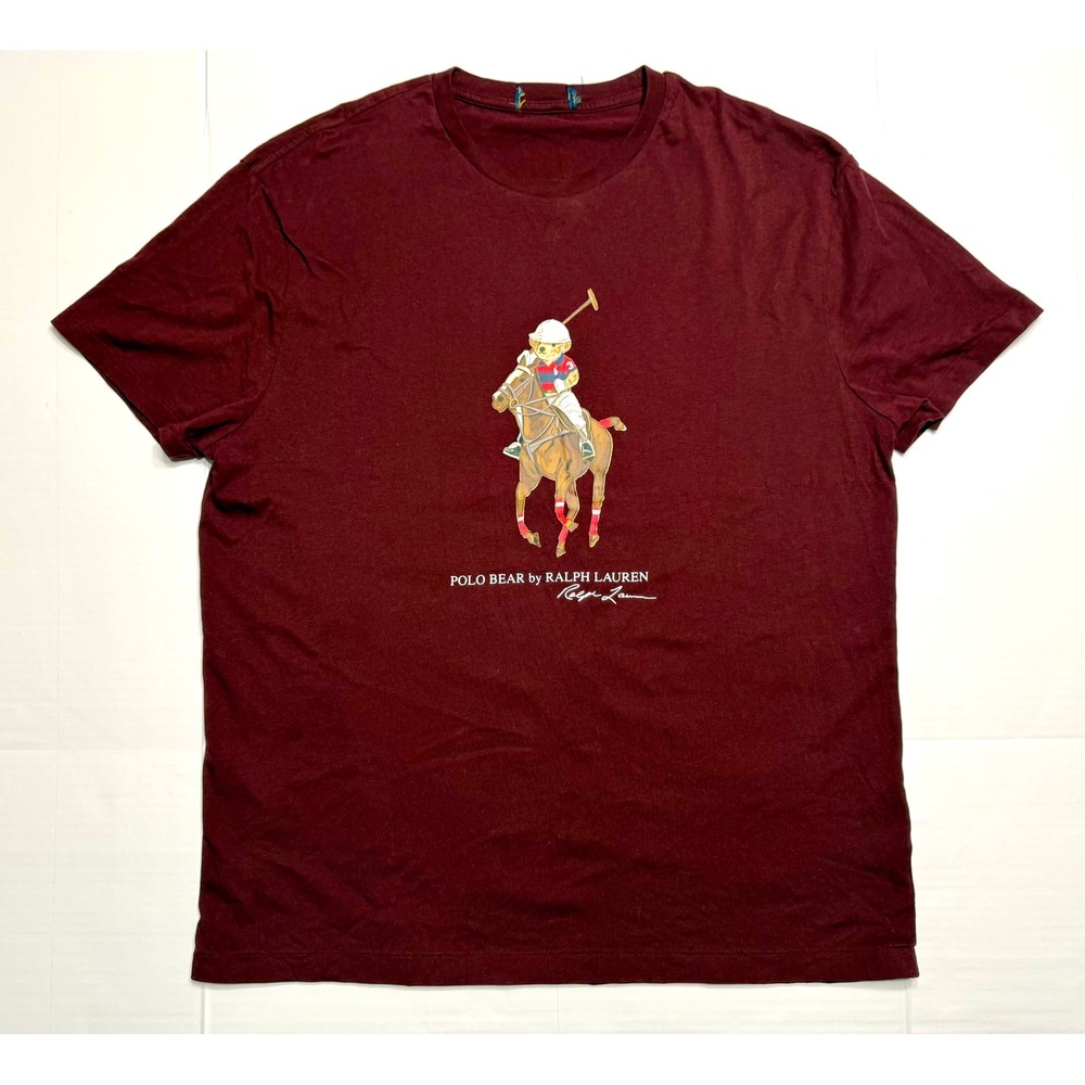 Ralph Lauren Polo Bear Horseback Vintage Single Stitch Burgandy T Shirt Mens XL
